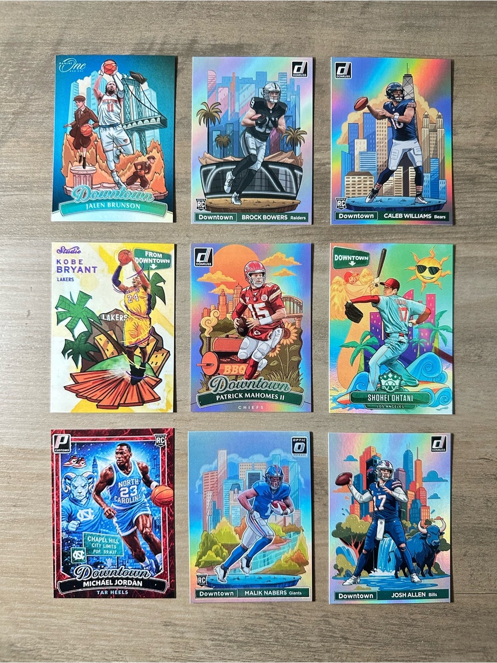 Lot of (9) Downtown Novelty Cards. Mahomes, Allen, Bowers, Caleb, Brunson, Kobe